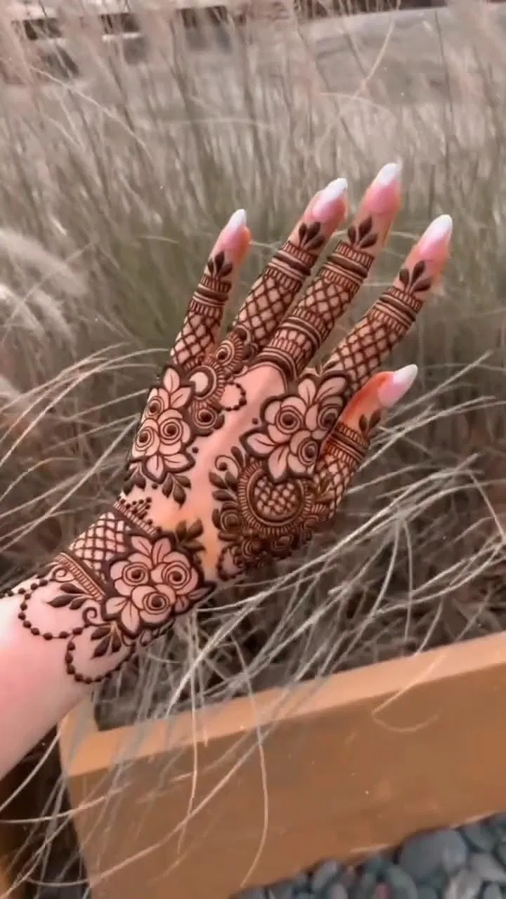 Aesthetic Arabic Back Hand Mehndi Design with Gol Tikki and Flowers (7)