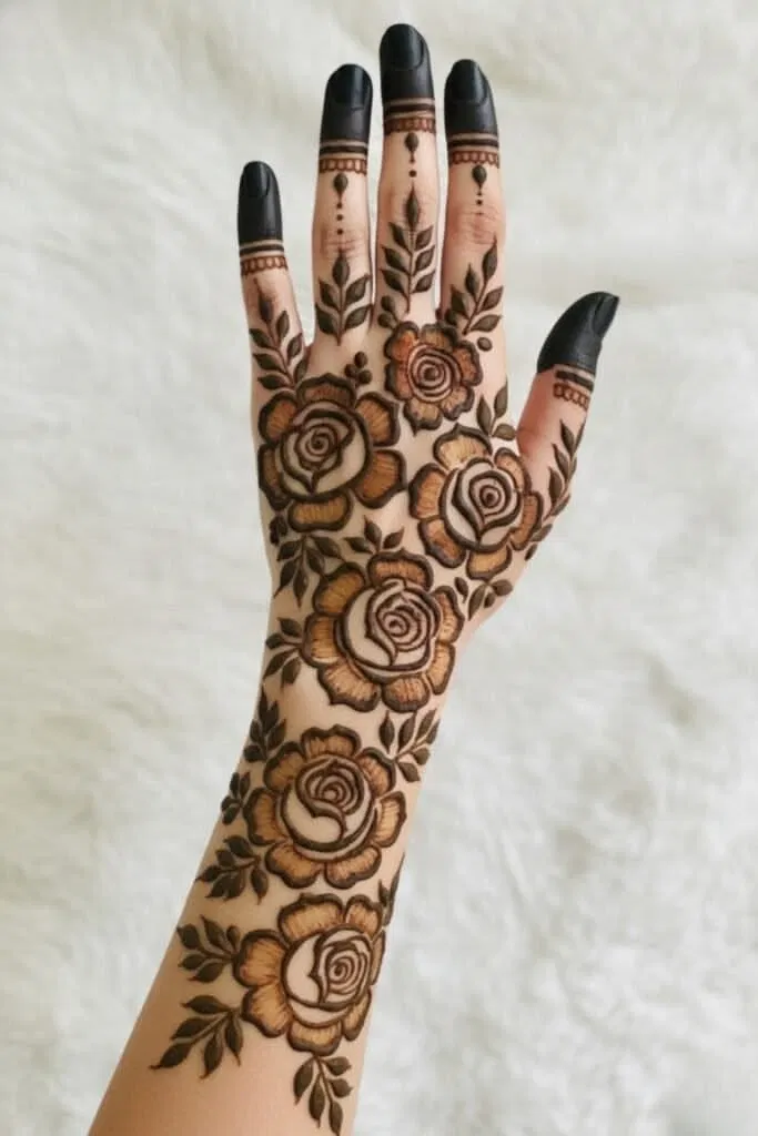 Arabic Simple Front Hand Mehndi Design with Gol Tikki, Flowers and Peacock (3)