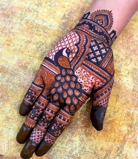 bridal indian peacock front hand mehndi design