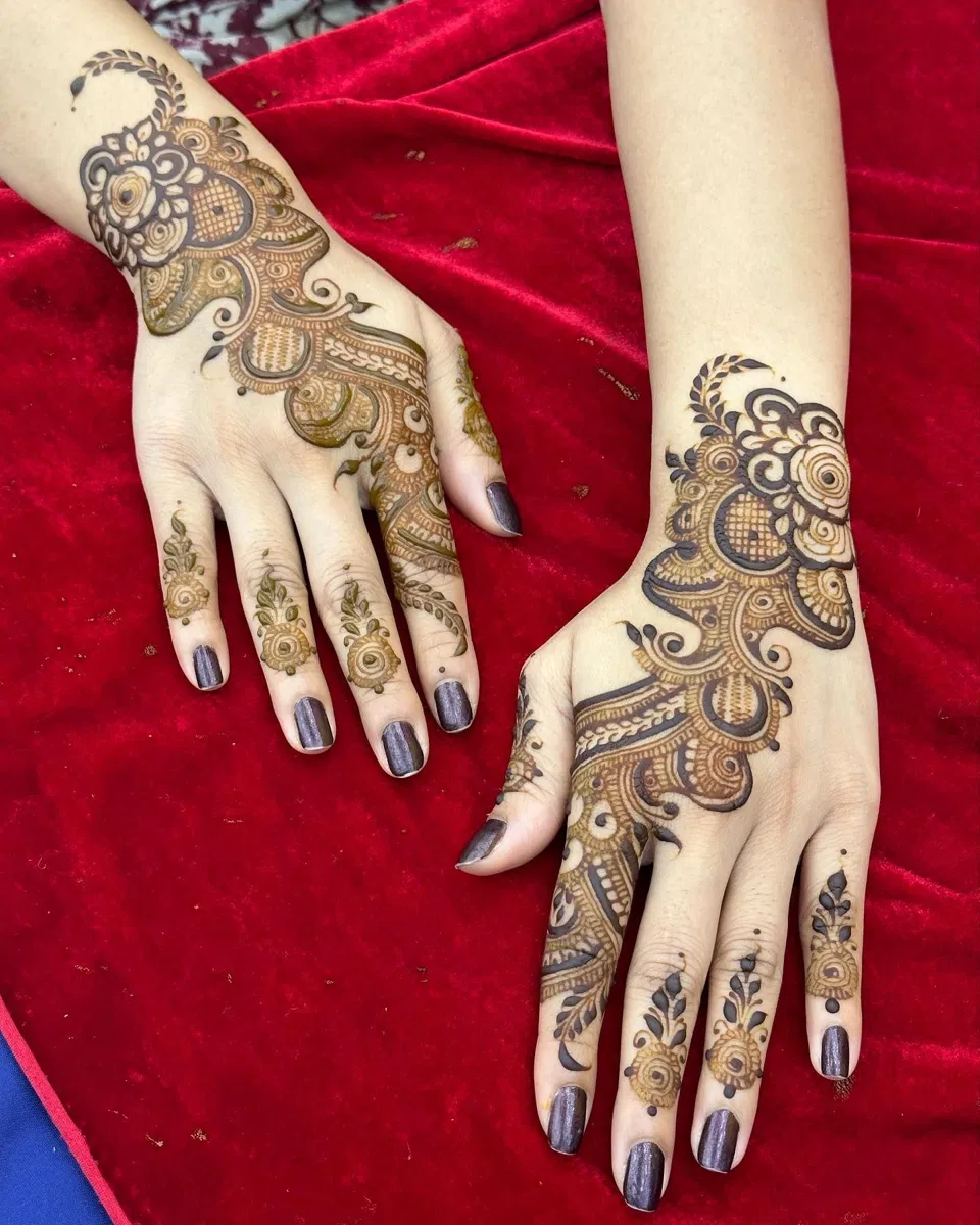 Aesthetic Arabic Back Hand Mehndi Design with Gol Tikki and Figures (9)