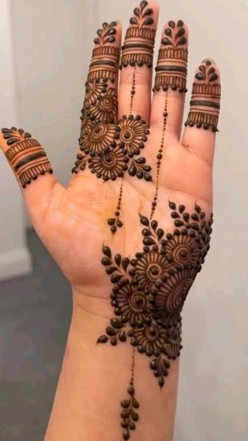 Aesthetic Arabic Finger Mehndi Design with Bel and Deity for Diwali