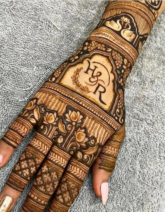 Aesthetic Bridal Back Hand Mehndi Design with Figures and Hidden Name