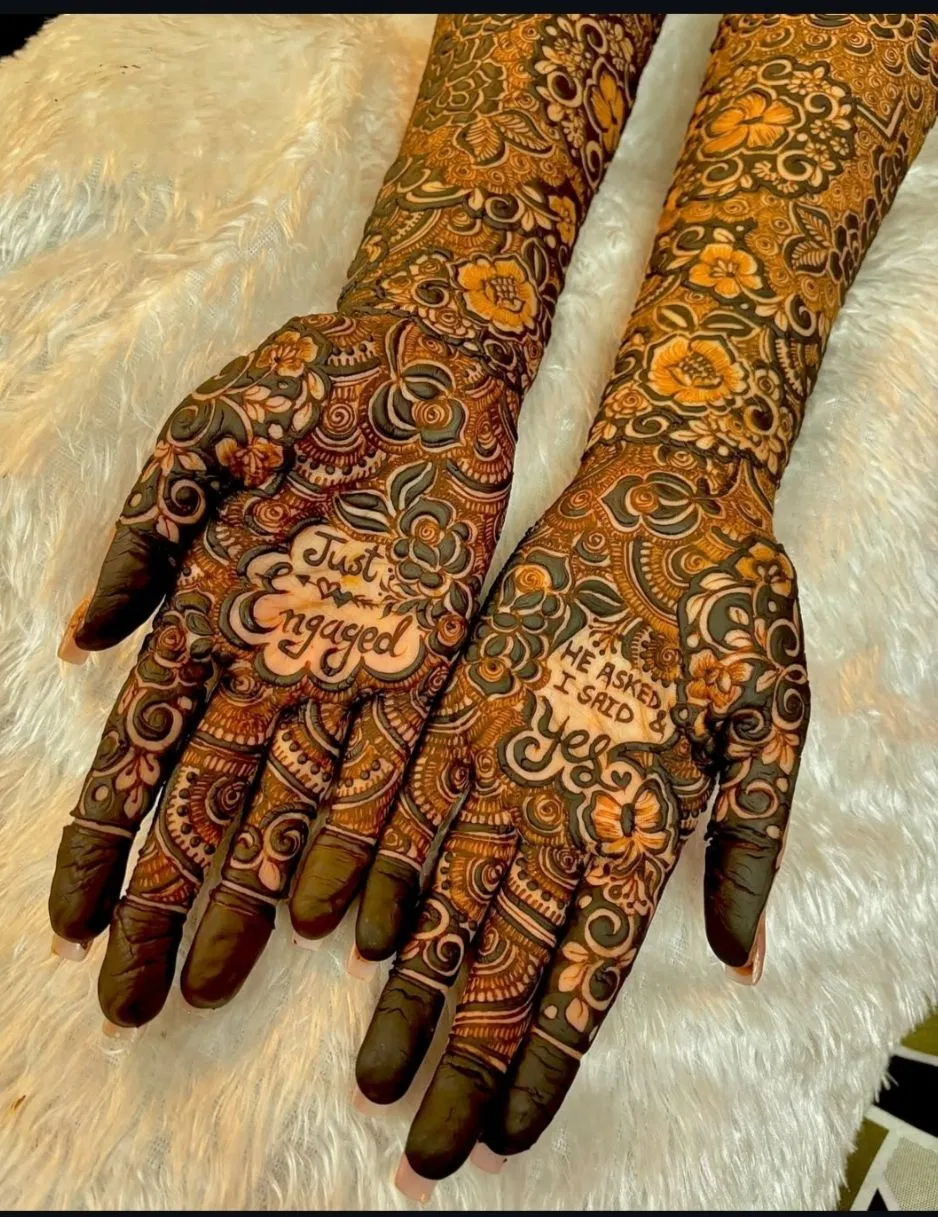 Bridal Back Hand Mehndi Design with Figures and Hidden Name for Engagement