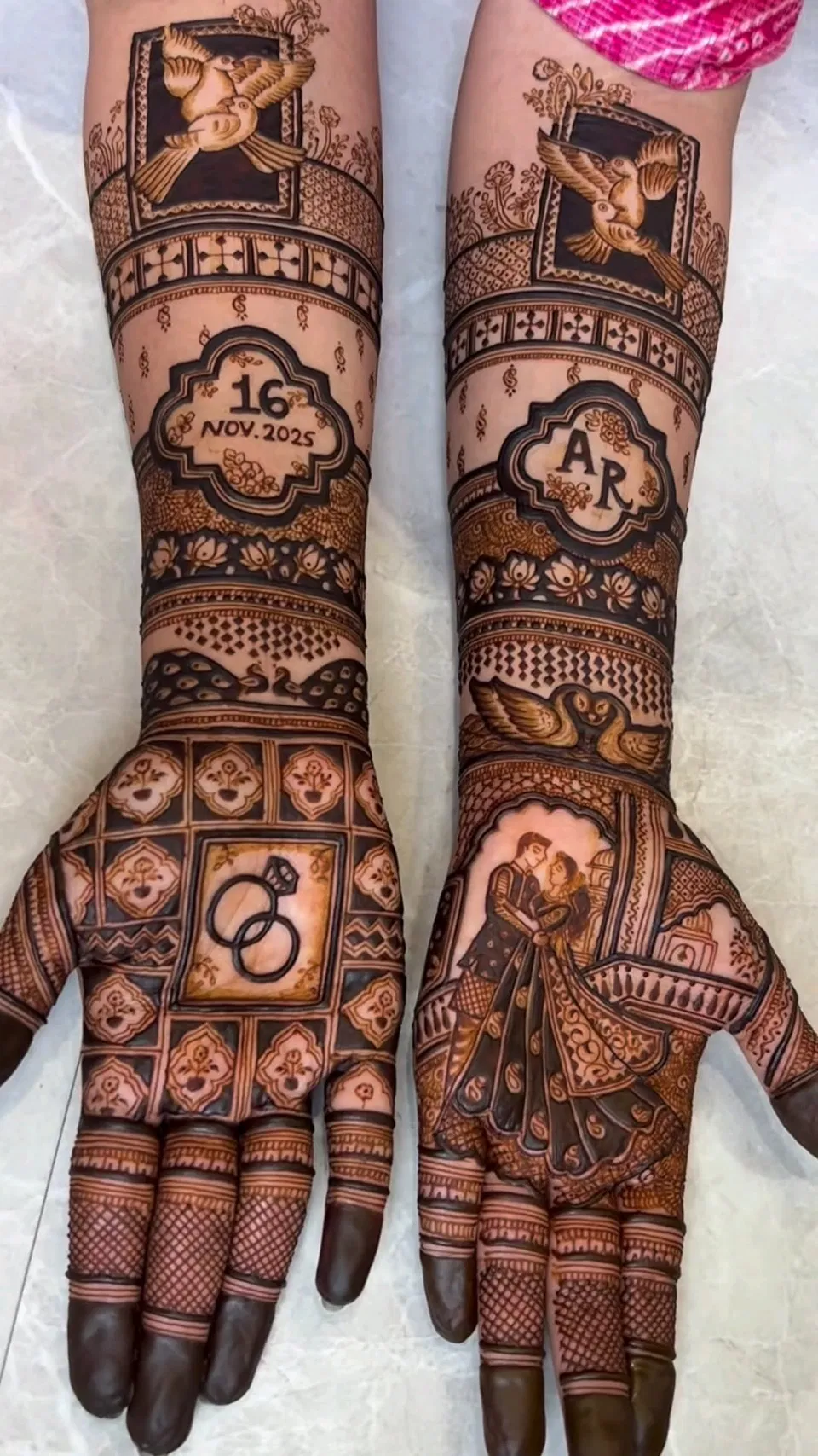 Bridal Stylish Full Hand Mehndi Design with Figures and Hearts for Engagement (3)
