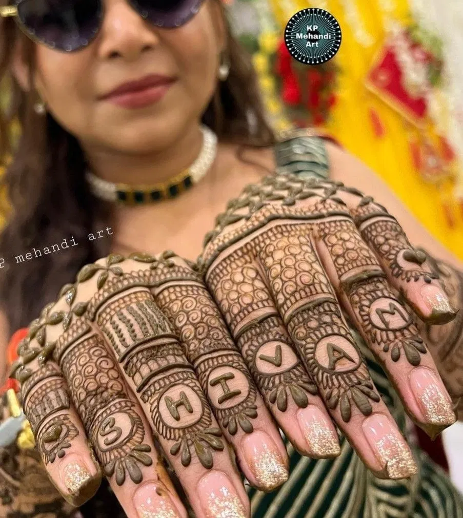 Aesthetic Bridal Back Hand Mehndi Design with Deity, Figures and Hidden Name for Engagement