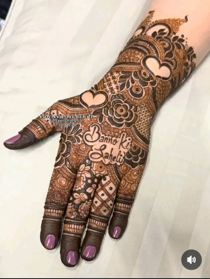 Bridal Stylish Back Hand Mehndi Design with Flowers and Hearts for Engagement (2)