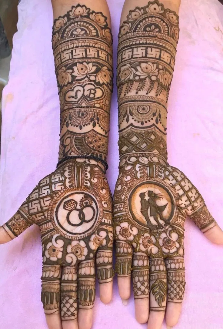 Bridal Stylish Full Hand Mehndi Design with Figures for Engagement