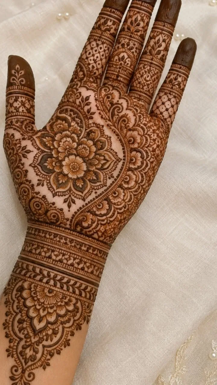 Bridal Back Hand Mehndi Design with Bel and Flowers