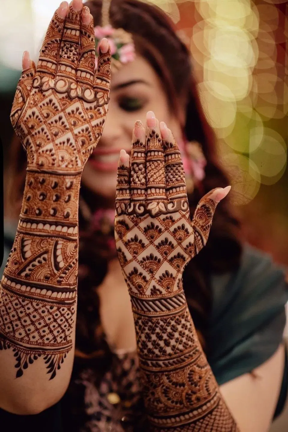 Bridal Indian Back Hand Mehndi Design with Gol Tikki, Figures and Jaal