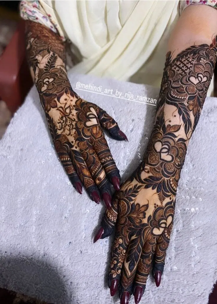Bridal Dubai Back Hand Mehndi Design with Figures, Flowers and Hearts