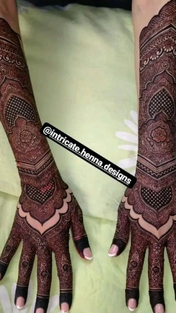 Bridal Pakistani Back Hand Mehndi Design with Figures and Hearts
