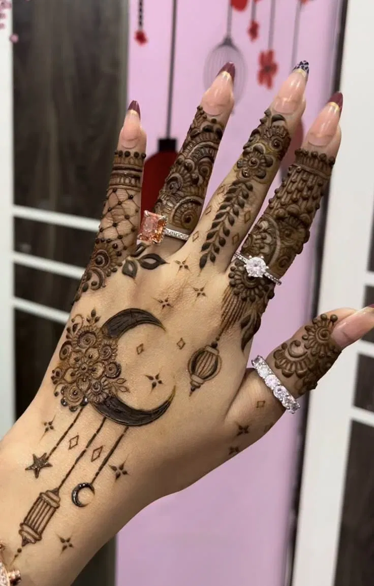 Aesthetic Simple Back Hand Mehndi Design with Moon for Eid