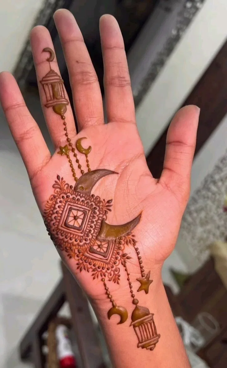 Aesthetic Simple Front Hand Mehndi Design with Deity and Moon