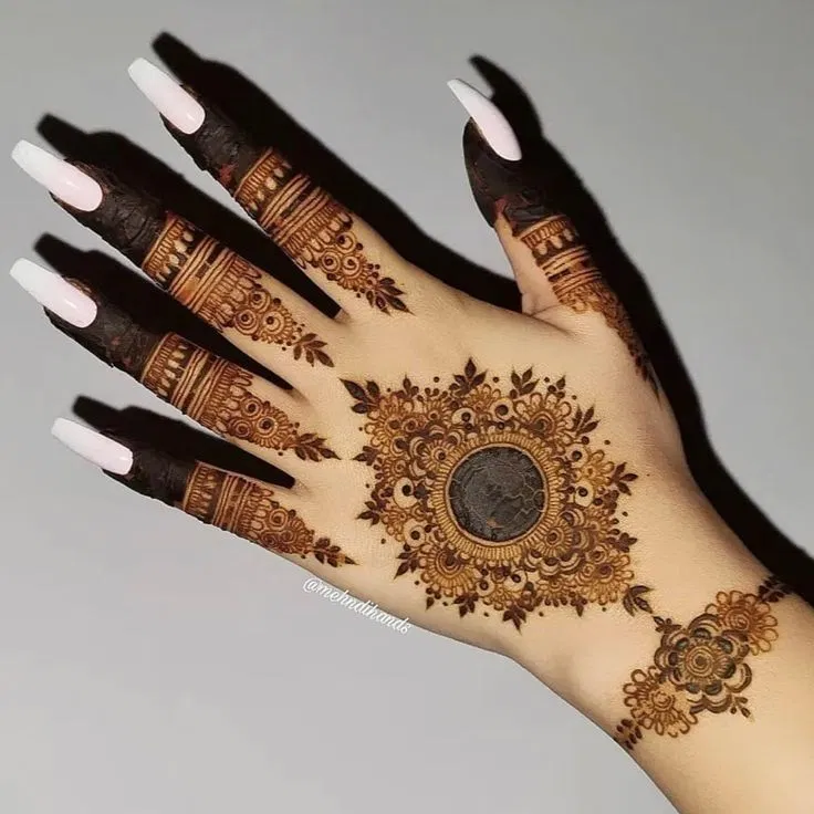 Aesthetic Pakistani Back Hand Mehndi Design with Gol Tikki, Jaal and Moon for Eid