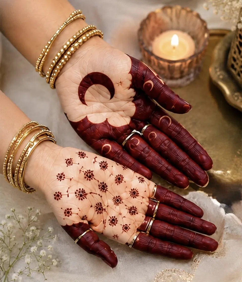 Bridal Stylish Back Hand Mehndi Design with Gol Tikki, Jaal and Moon