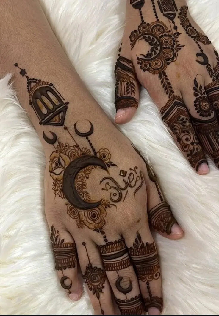 Arabic Simple Back Hand Mehndi Design with Jaal and Moon for Eid (2)