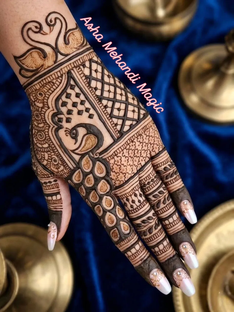 Royal Back Hand Mehndi Design with Moon and Peacock (2)