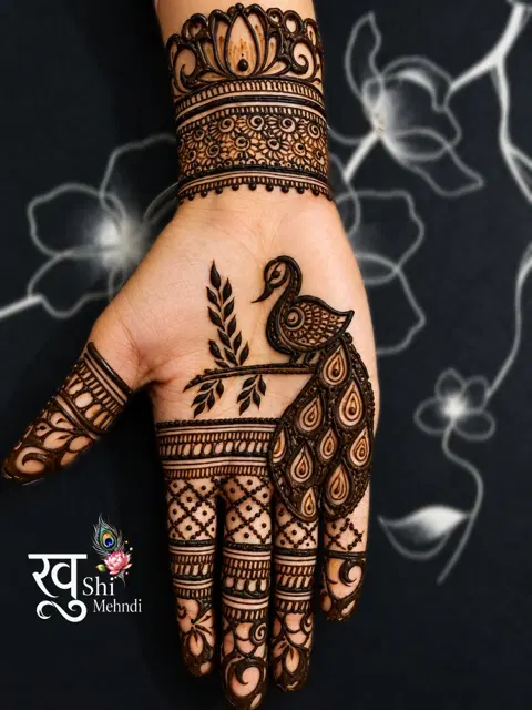 royal peacock front hand mehndi design