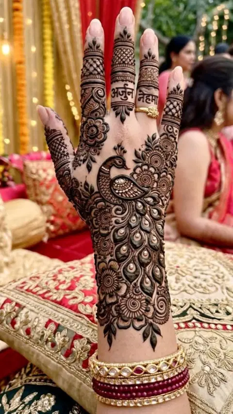 bridal indian peacock back hand mehndi design
