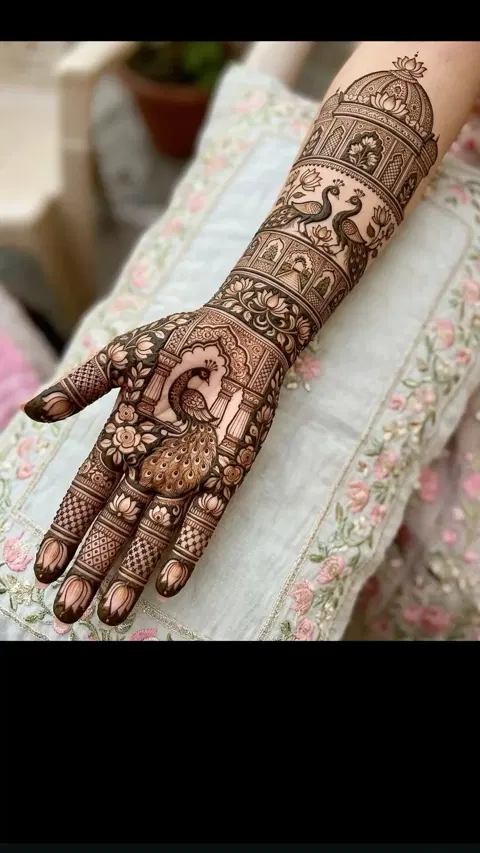 aesthetic bridal peacock back hand mehndi design