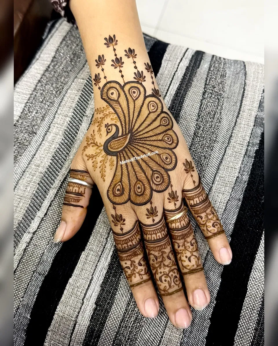 Bridal Simple Back Hand Mehndi Design with Figures and Peacock