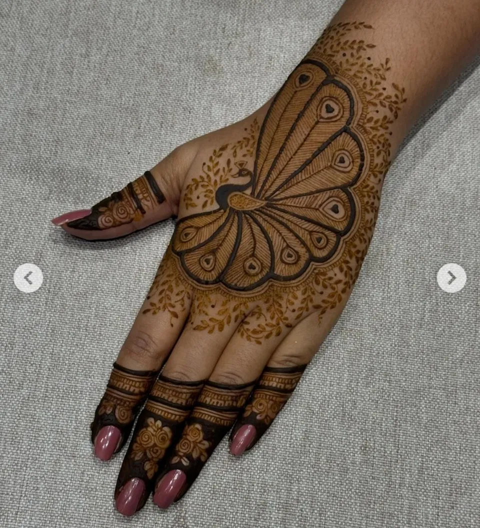 Stylish Back Hand Mehndi Design with Butterfly and Peacock