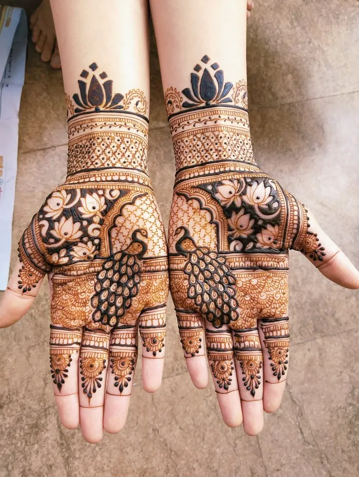 Bridal Back Hand Mehndi Design with Lotus and Peacock