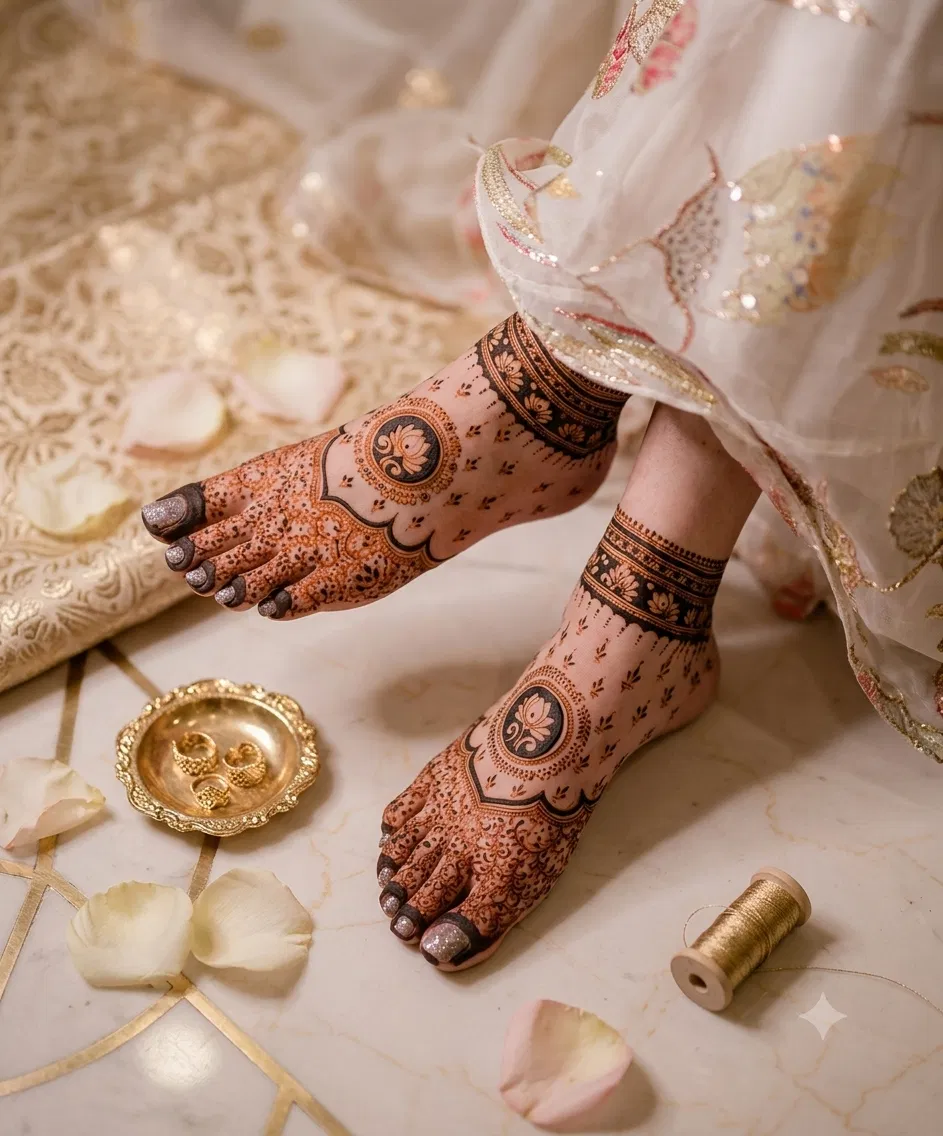Aesthetic Arabic Foot Mehndi Design with Figures and Moon