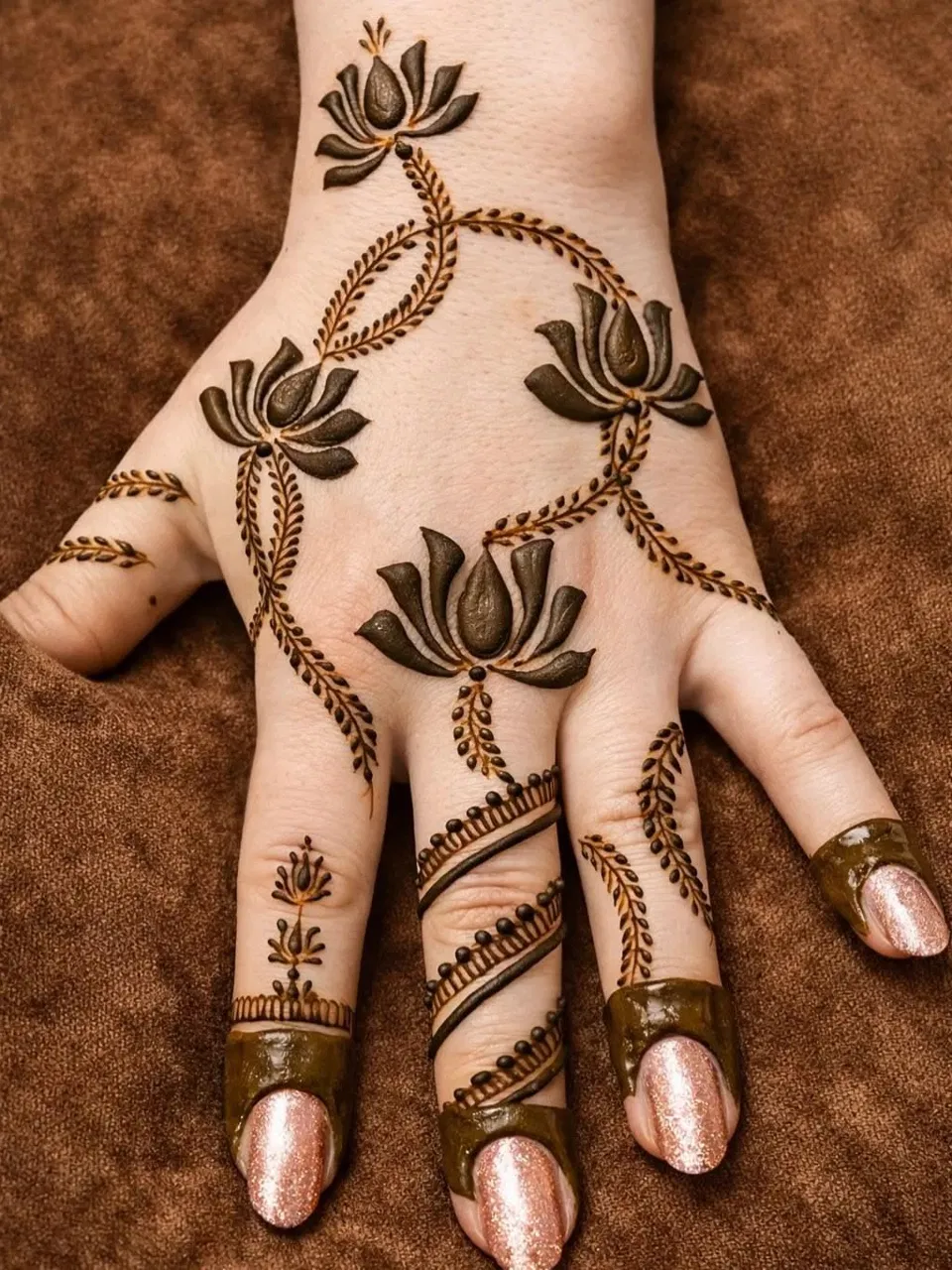 Minimal Simple Back Hand Mehndi Design with Flowers, Jaal and Lotus (2)