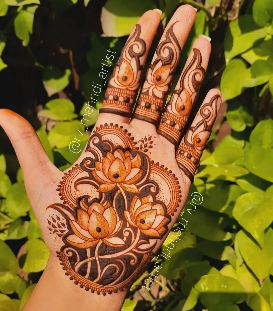 Aesthetic Royal Back Hand Mehndi Design with Flowers and Lotus (5)