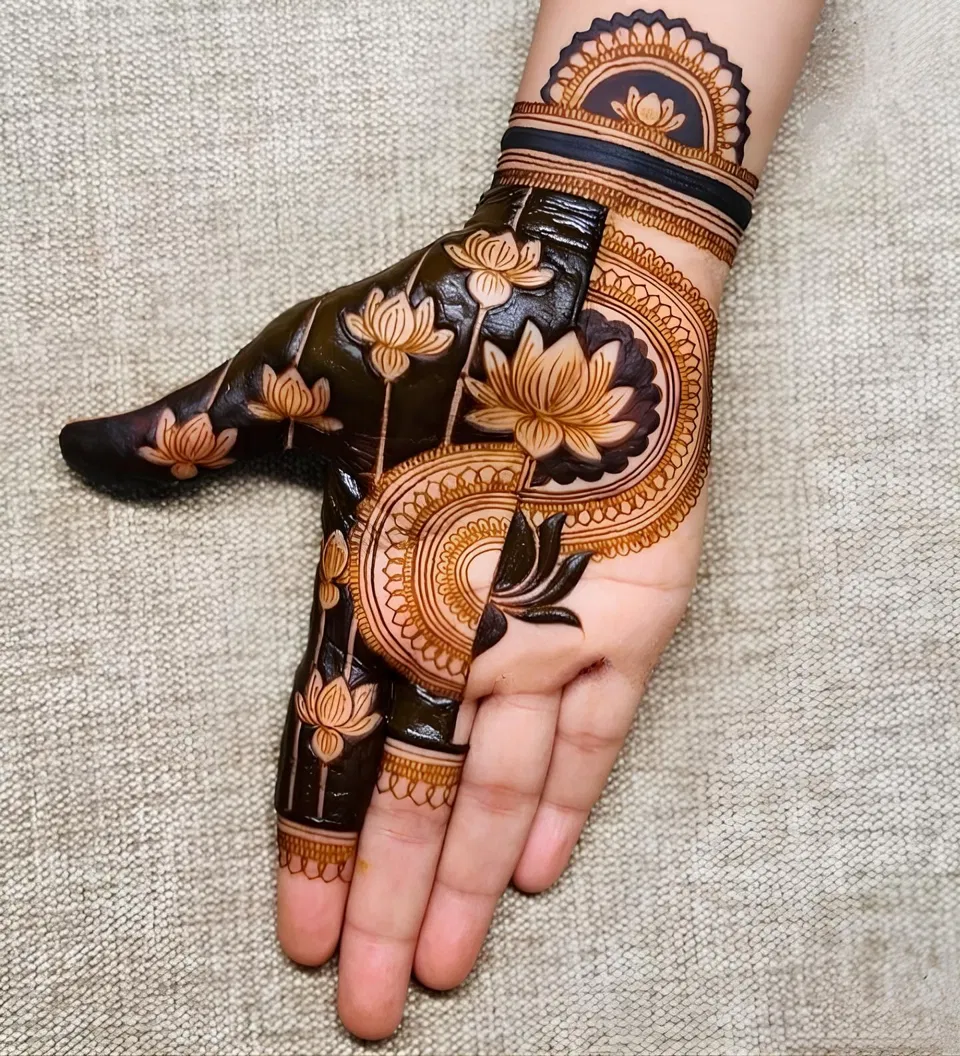 Bridal Royal Back Hand Mehndi Design with Flowers and Lotus