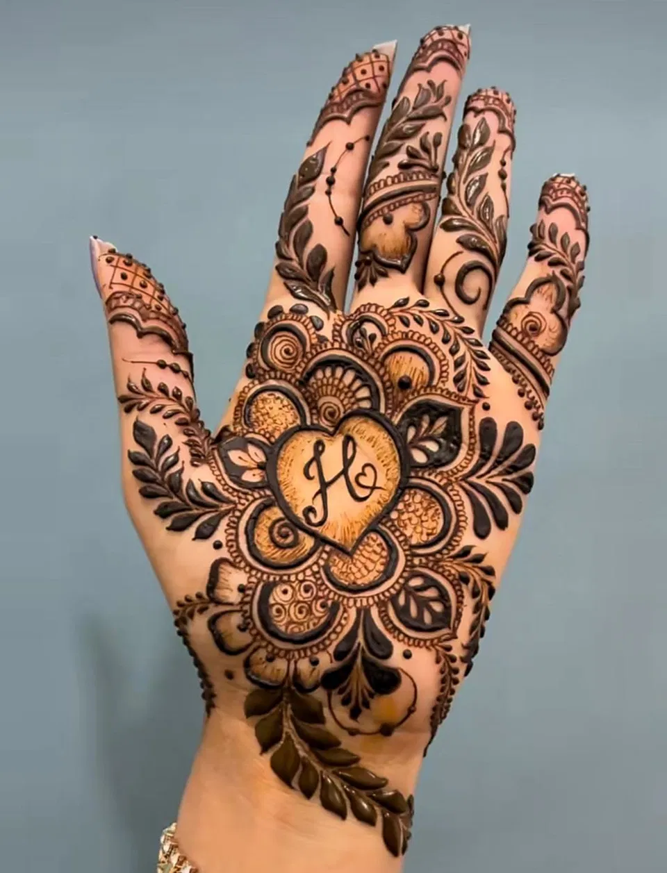 Bridal Full Hand Mehndi Design with Figures, Hearts and Hidden Name