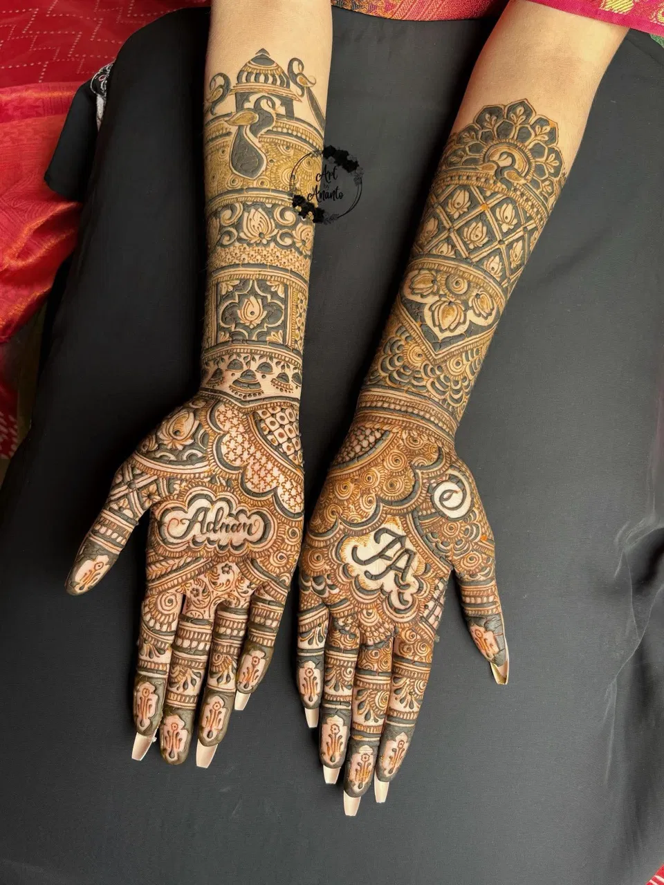 Arabic Bridal Front Hand Mehndi Design with Figures and Hidden Name