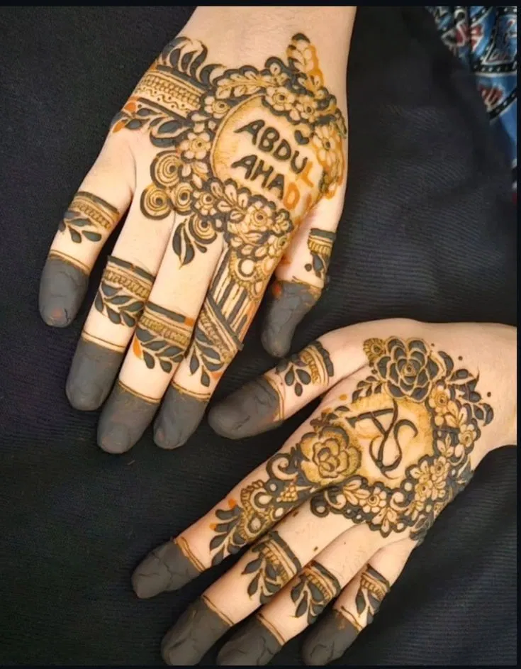 Back Hand Mehndi Design with Deity, Figures and Hidden Name