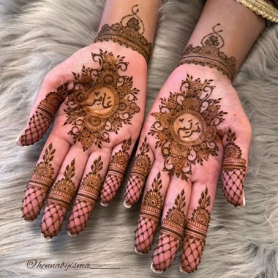 Arabic Bridal Front Hand Mehndi Design with Gol Tikki and Deity