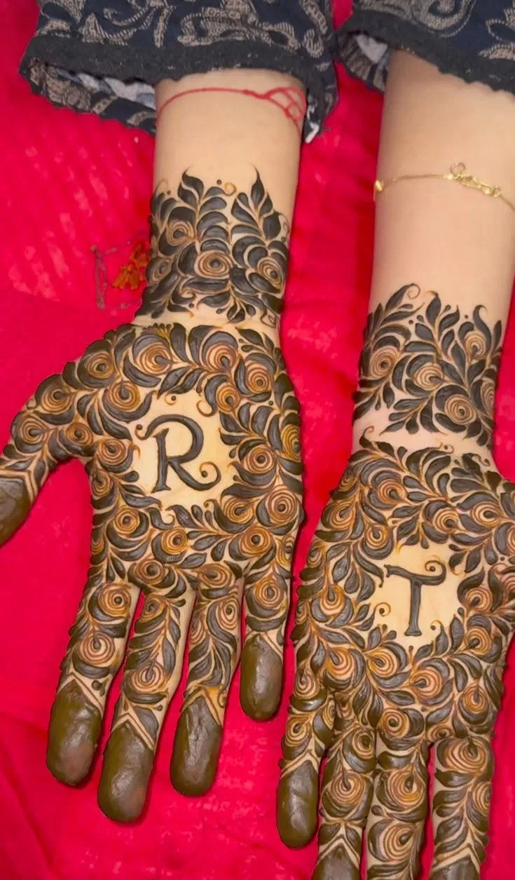 Simple Front Hand Mehndi Design with Figures and Hidden Name