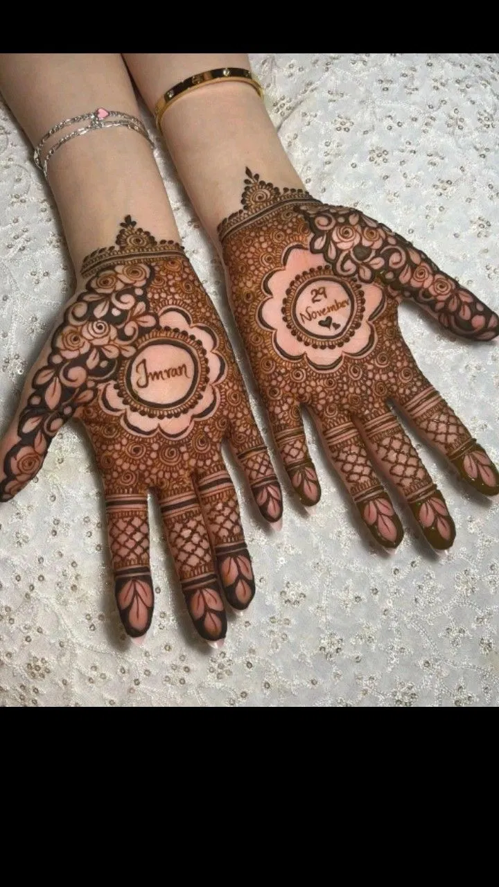 Front Hand Mehndi Design with Gol Tikki, Figures and Hidden Name for Engagement (2)