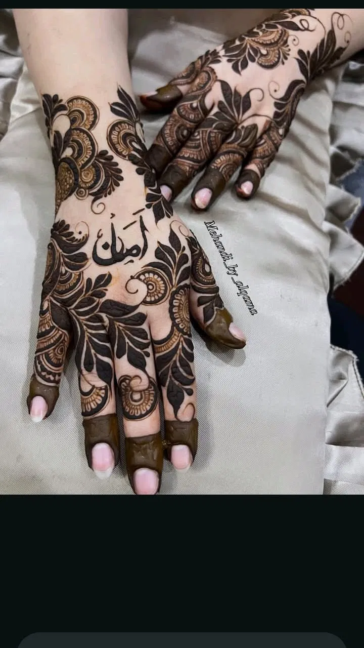 Arabic Full Hand Mehndi Design with Jaal and Hidden Name