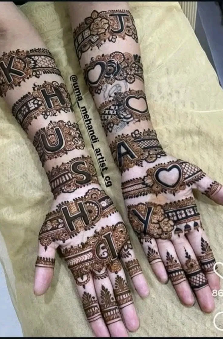 Arabic Finger Mehndi Design with Figures and Hearts