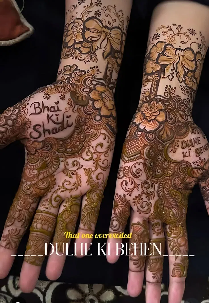 Arabic Bridal Full Hand Mehndi Design with Figures and Hidden Name