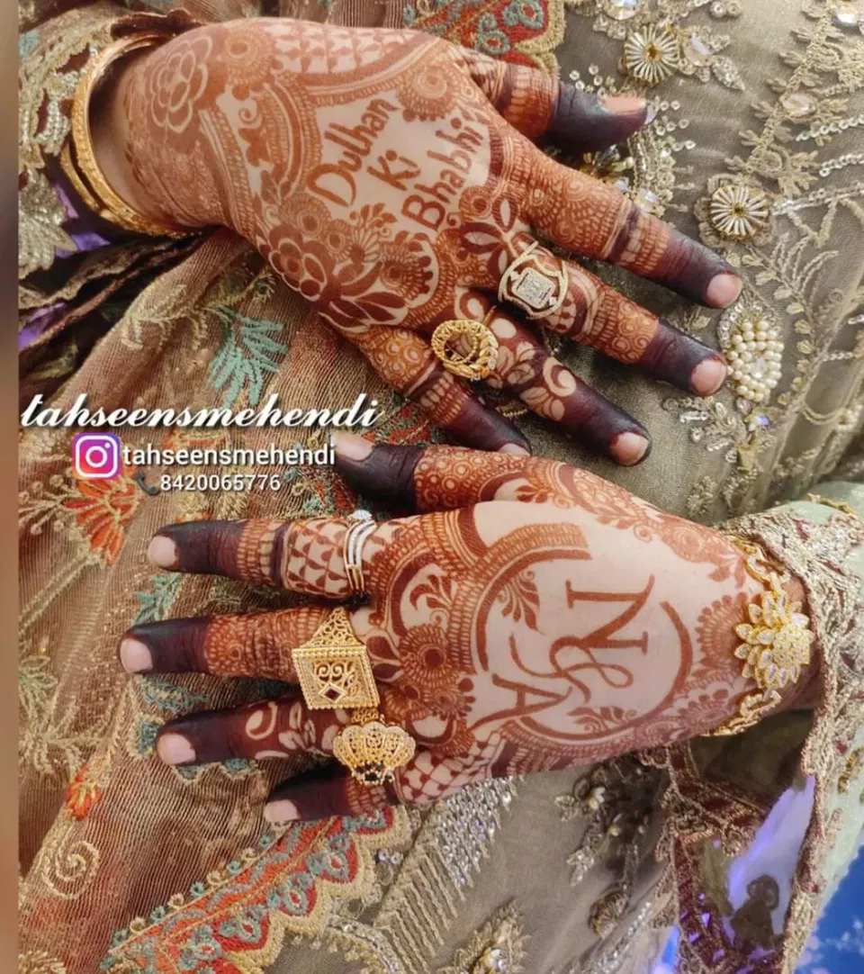 Back Hand Mehndi Design with Figures and Hidden Name