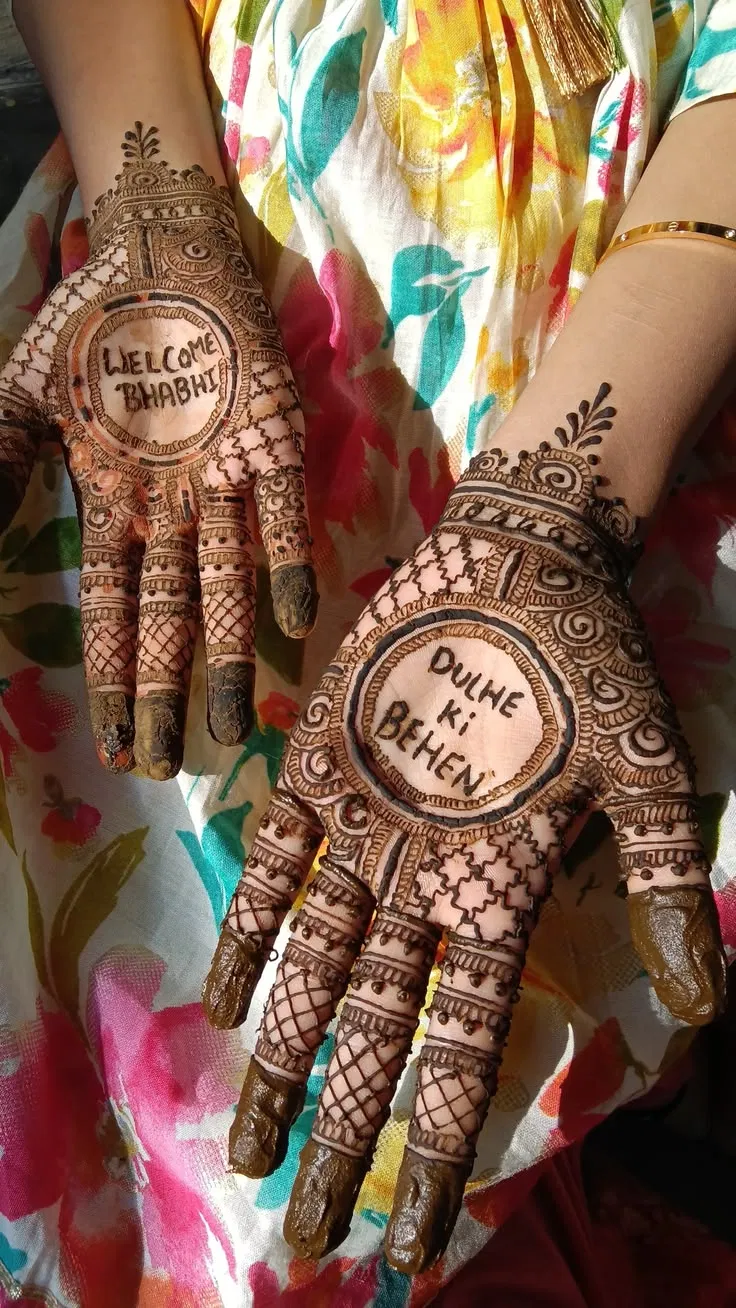 Bridal Back Hand Mehndi Design with Gol Tikki, Deity and Figures for Diwali