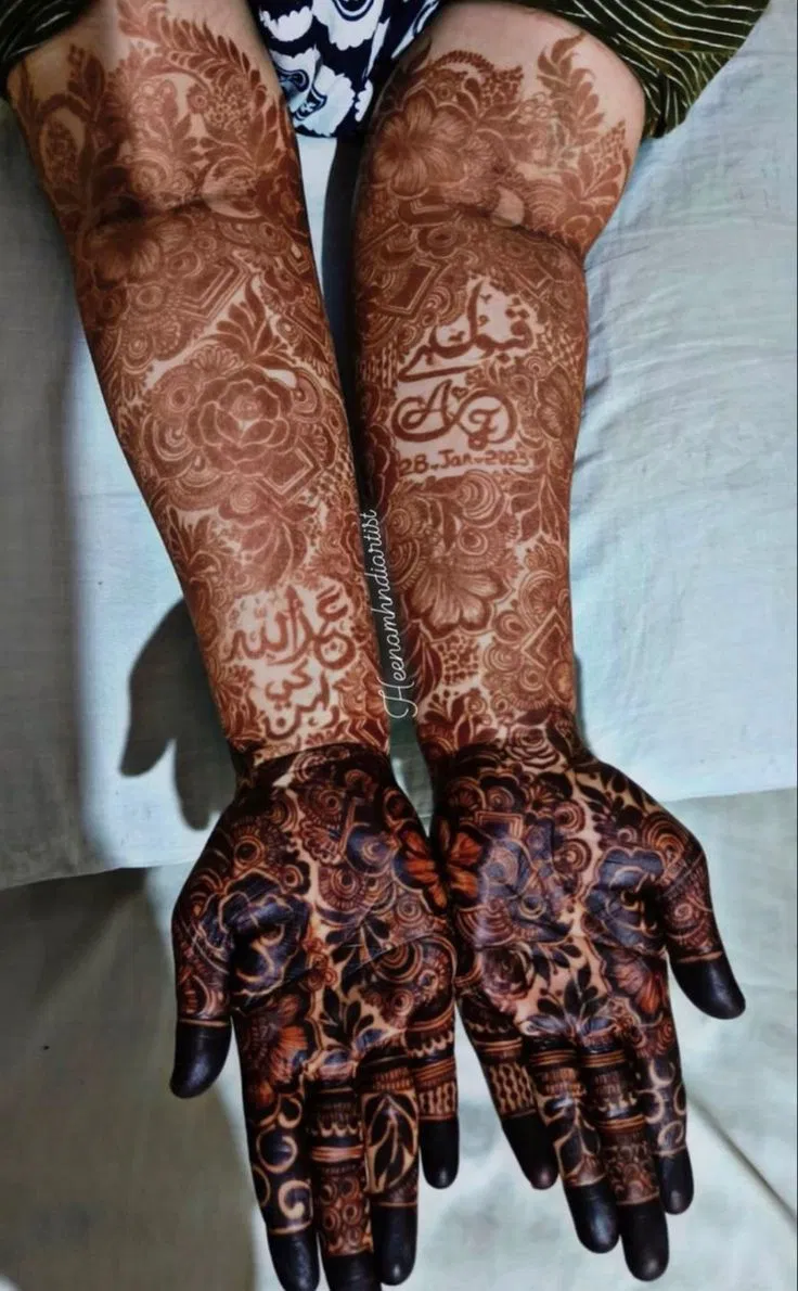 Bridal Dubai Front Hand Mehndi Design with Figures, Flowers and Hidden Name