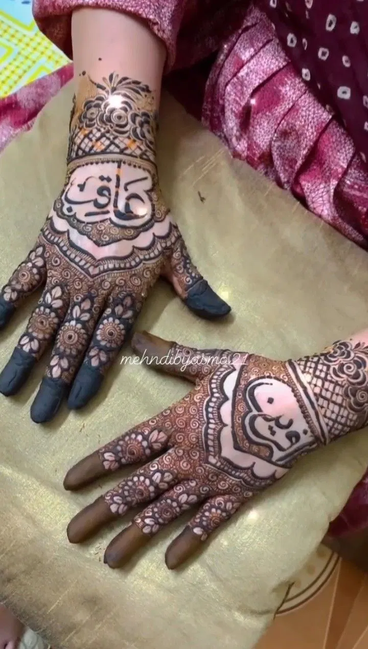 Bridal Back Hand Mehndi Design with Figures, Hearts and Hidden Name for Engagement (2)