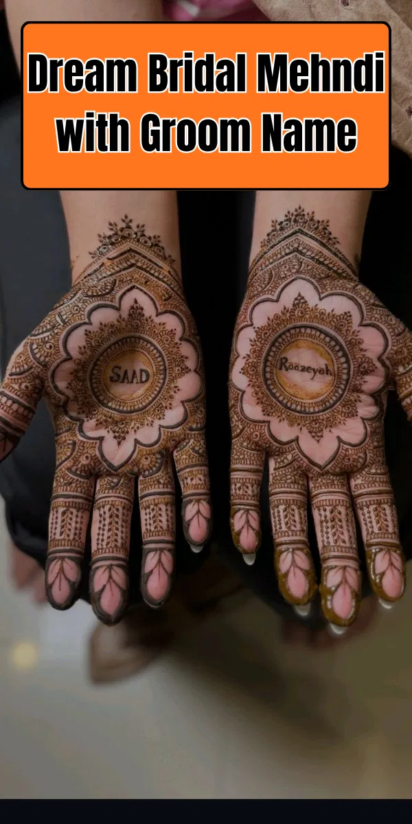 Bridal Front Hand Mehndi Design with Gol Tikki, Deity and Jaal
