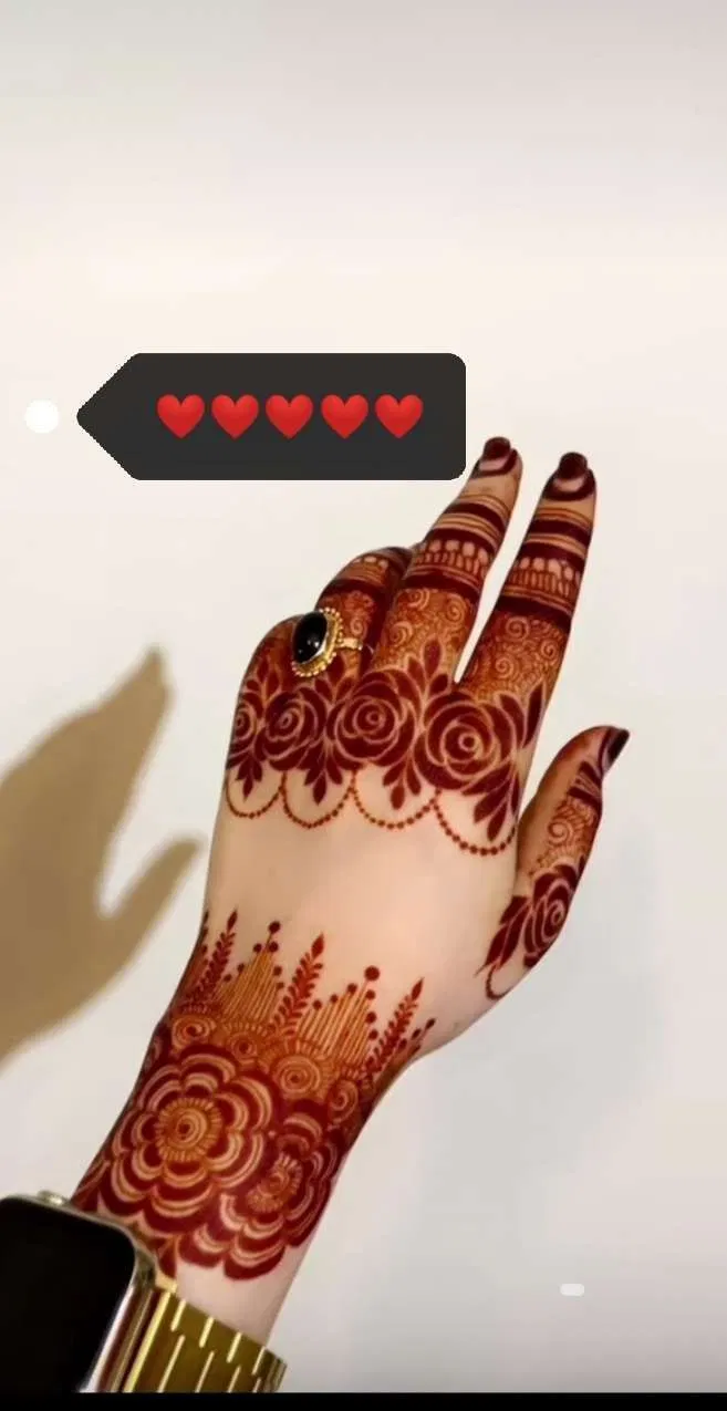 Aesthetic Arabic Finger Mehndi Design with Flowers and Hearts for Eid (2)