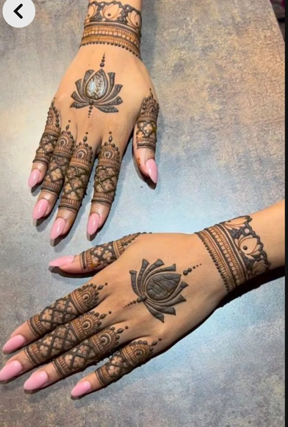 Aesthetic Bridal Back Hand Mehndi Design with Gol Tikki, Figures and Lotus for Diwali (4)