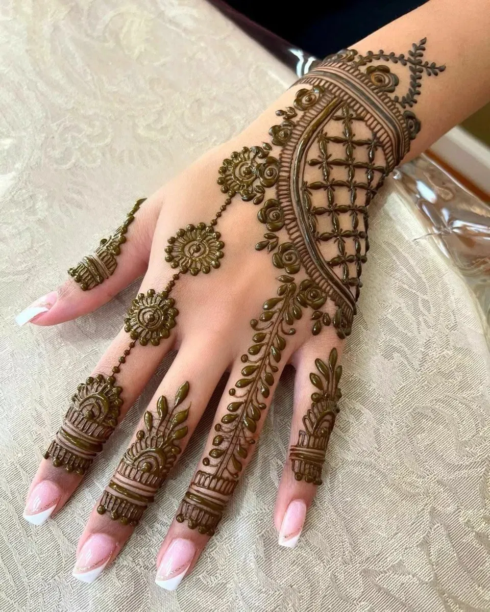 Aesthetic Arabic Back Hand Mehndi Design with Jaal for Diwali (2)