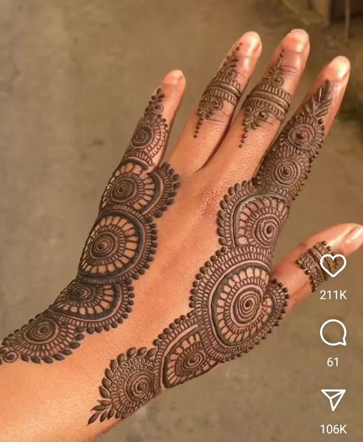 Bridal Back Hand Mehndi Design with Gol Tikki and Jaal for Diwali