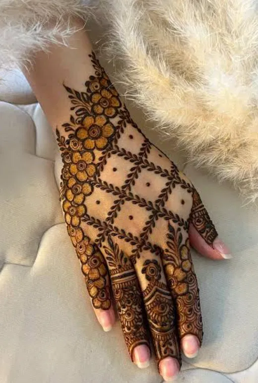 Stylish Back Hand Mehndi Design with Gol Tikki and Jaal